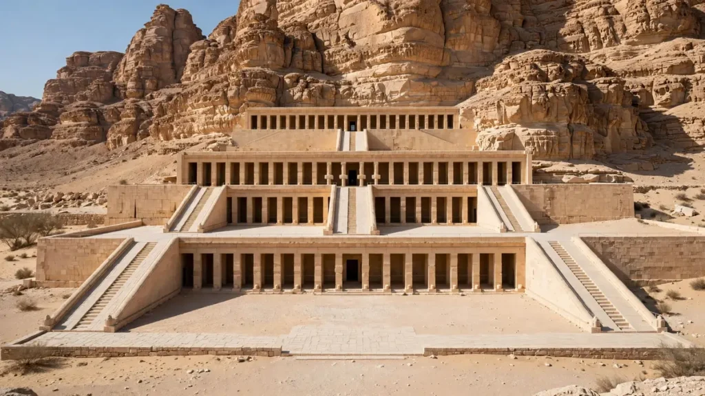 The terraced mortuary temple of Hatshepsut set against limestone cliffs
