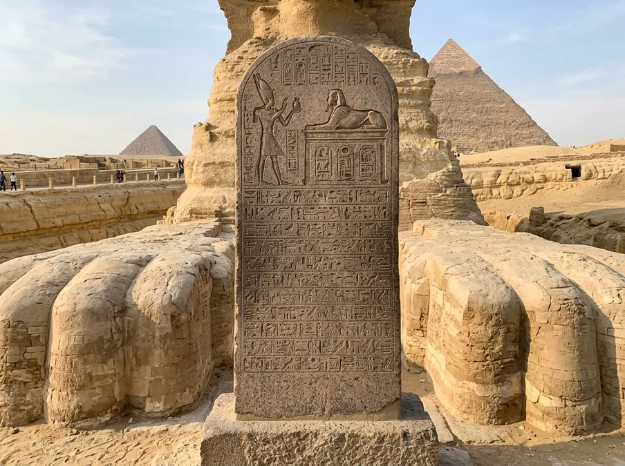 The granite Dream Stele of Thutmose IV standing between the paws of the Sphinx