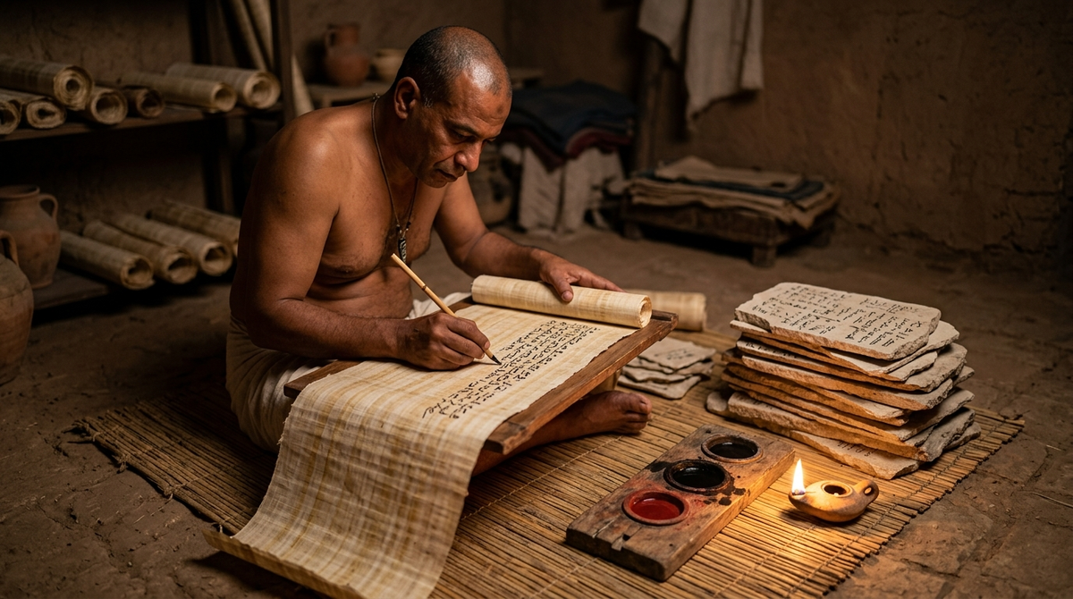Egyptian scribe writing cursive hieratic script on papyrus with a reed brush