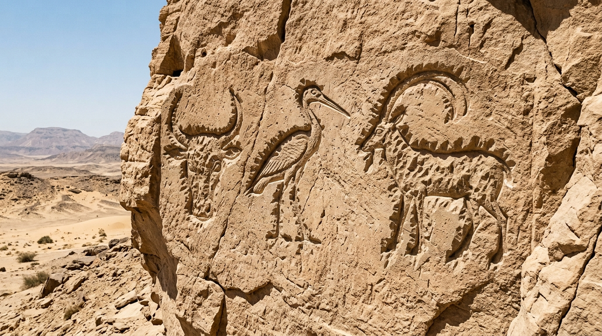 Large early hieroglyphic signs carved into a desert rock face in Upper Egypt