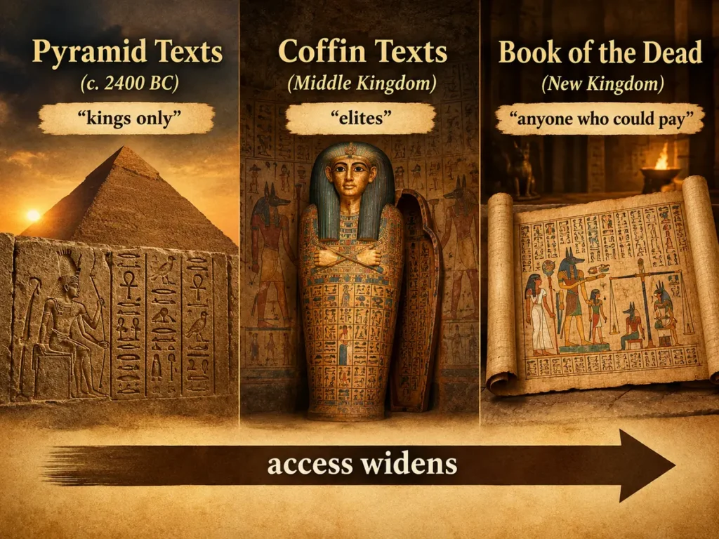 Diagram showing funerary texts moving from pyramid walls to coffins to papyrus