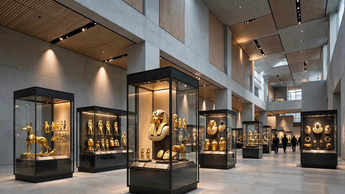 Modern museum gallery displaying Egyptian gilded artefacts in glass cases