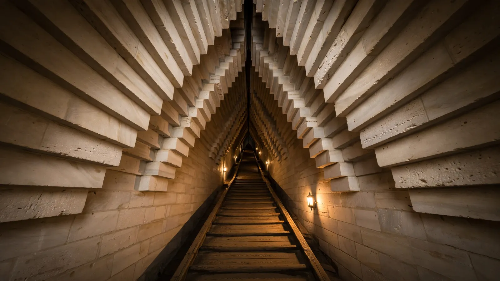 The corbelled Grand Gallery rising steeply inside the Great Pyramid