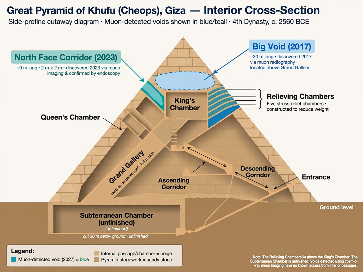 Labelled cross-section of the Great Pyramid showing chambers, corridors and voids