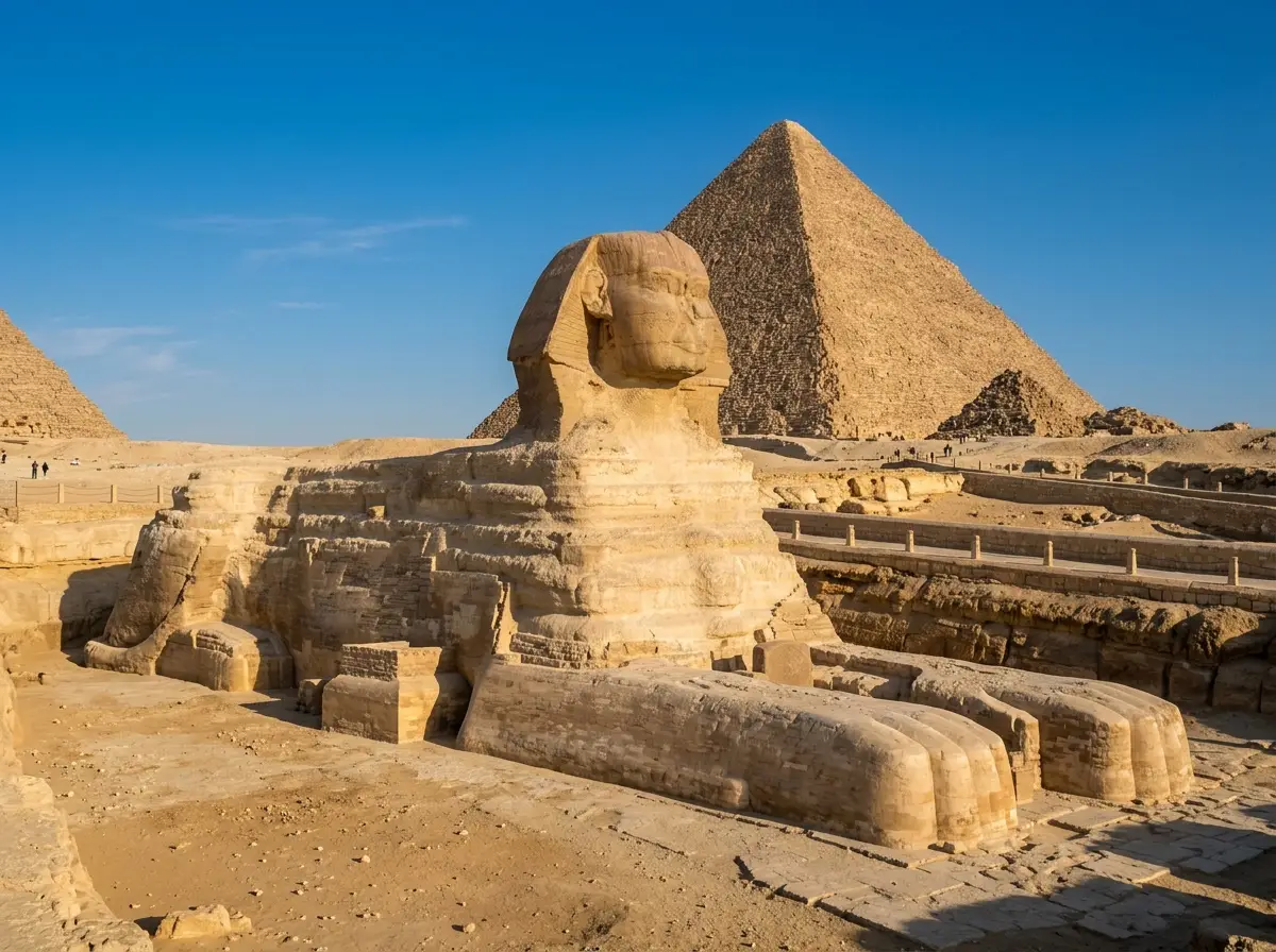 The Great Sphinx of Giza facing east with the pyramid of Khafre behind it