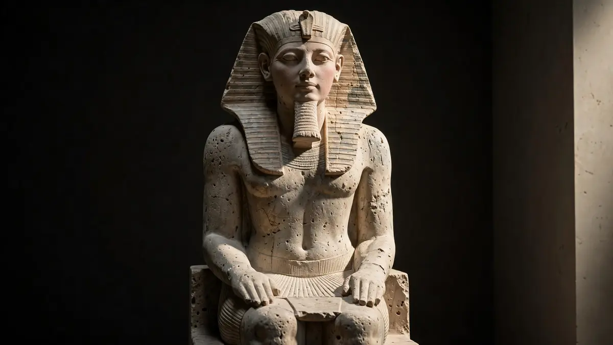 Limestone statue of Hatshepsut seated in pharaonic regalia with false beard