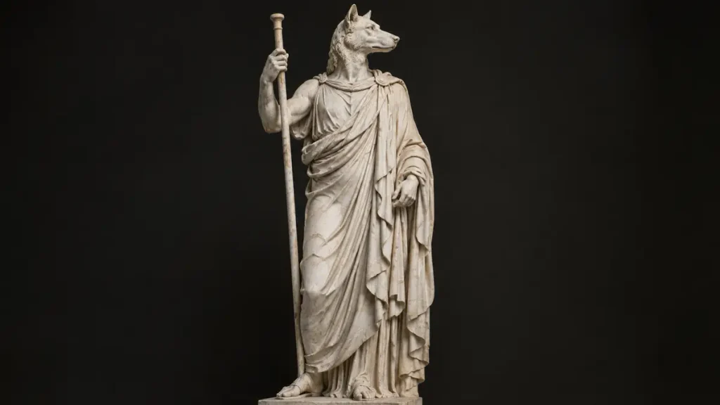 Marble statue of Hermanubis with a canine head in Greek dress