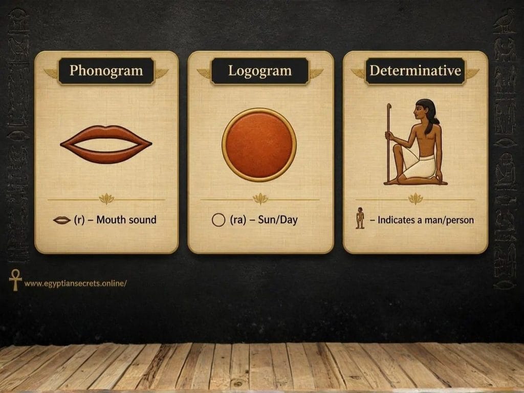 Diagram showing the three types of Egyptian hieroglyphic signs
