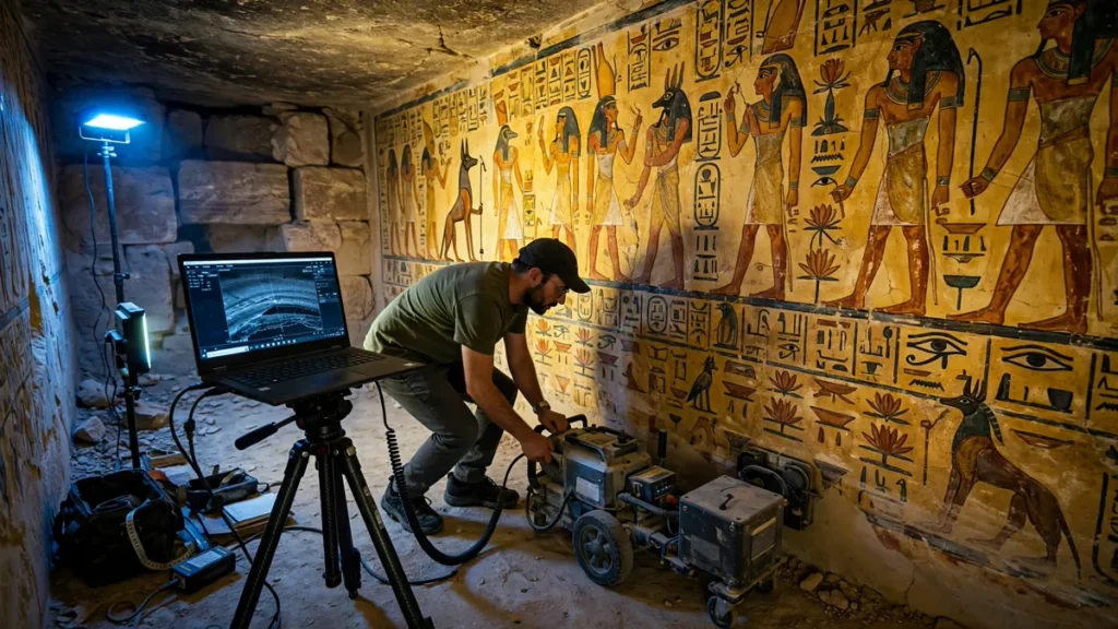 Researcher running ground-penetrating radar along a painted tomb wall