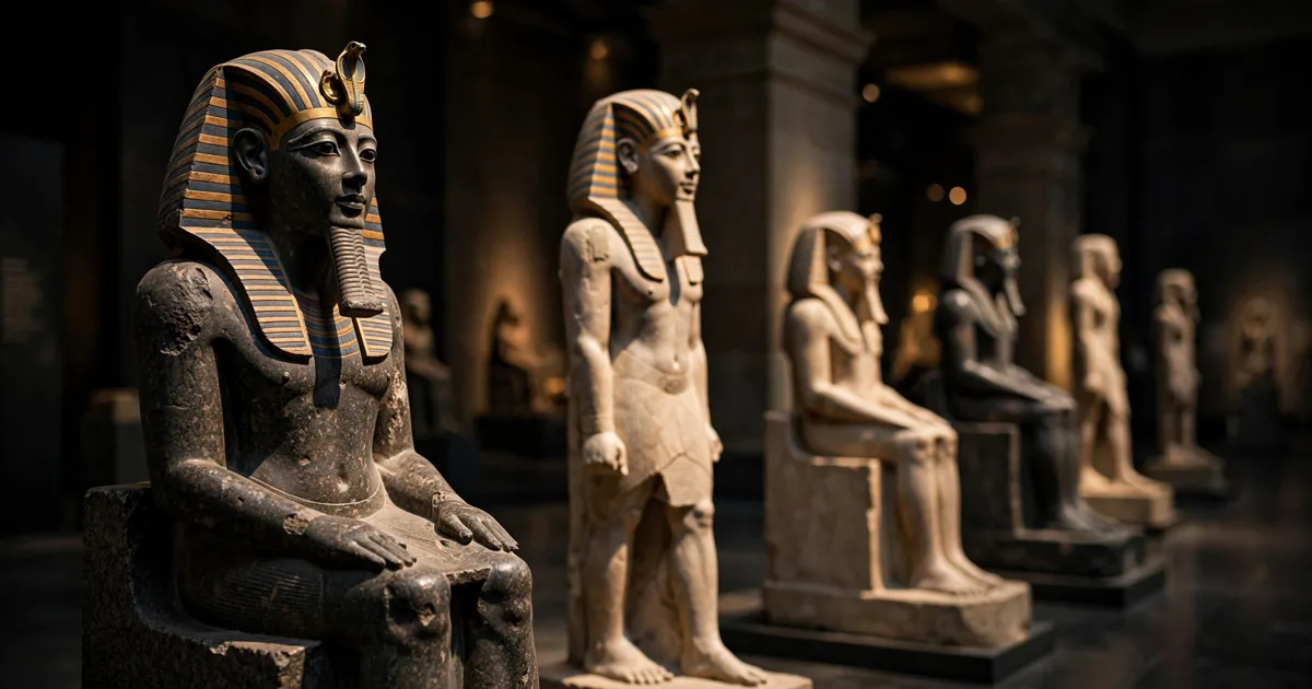 Row of ancient Egyptian pharaoh statues in a museum gallery