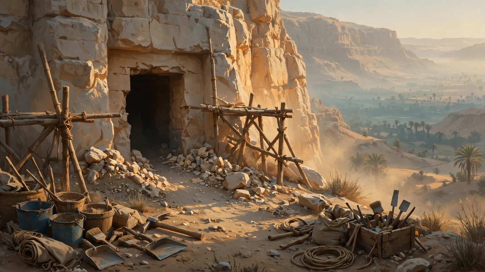Illustration of the 2026 Luxor tomb discovery: a newly found rock-cut tomb entrance in the Theban cliffs near Luxor