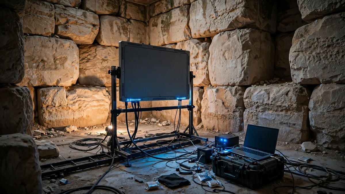 Muon detection equipment set up inside a stone chamber of the Great Pyramid