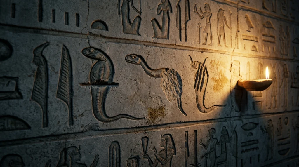 Snake hieroglyphs deliberately carved in two halves inside a burial chamber