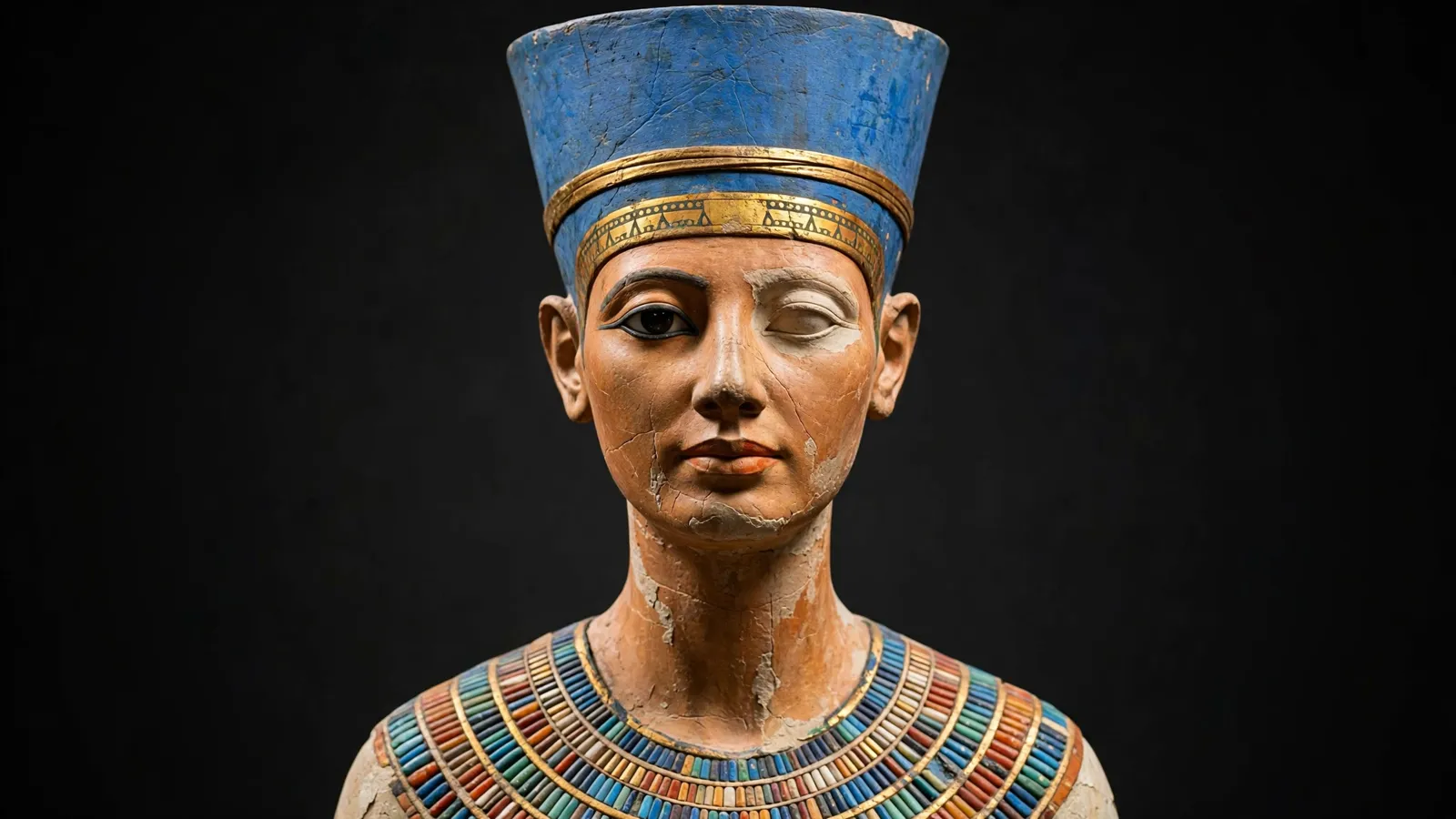 Painted limestone bust of Nefertiti wearing her distinctive flat-topped crown
