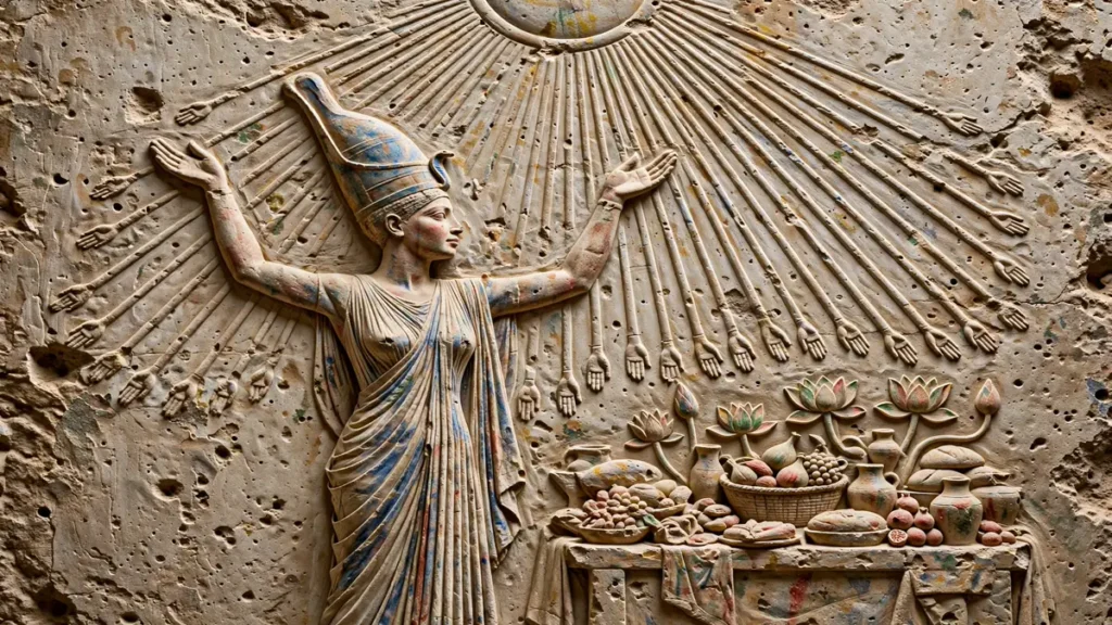 Relief of Nefertiti alone making an offering to the Aten sun disc