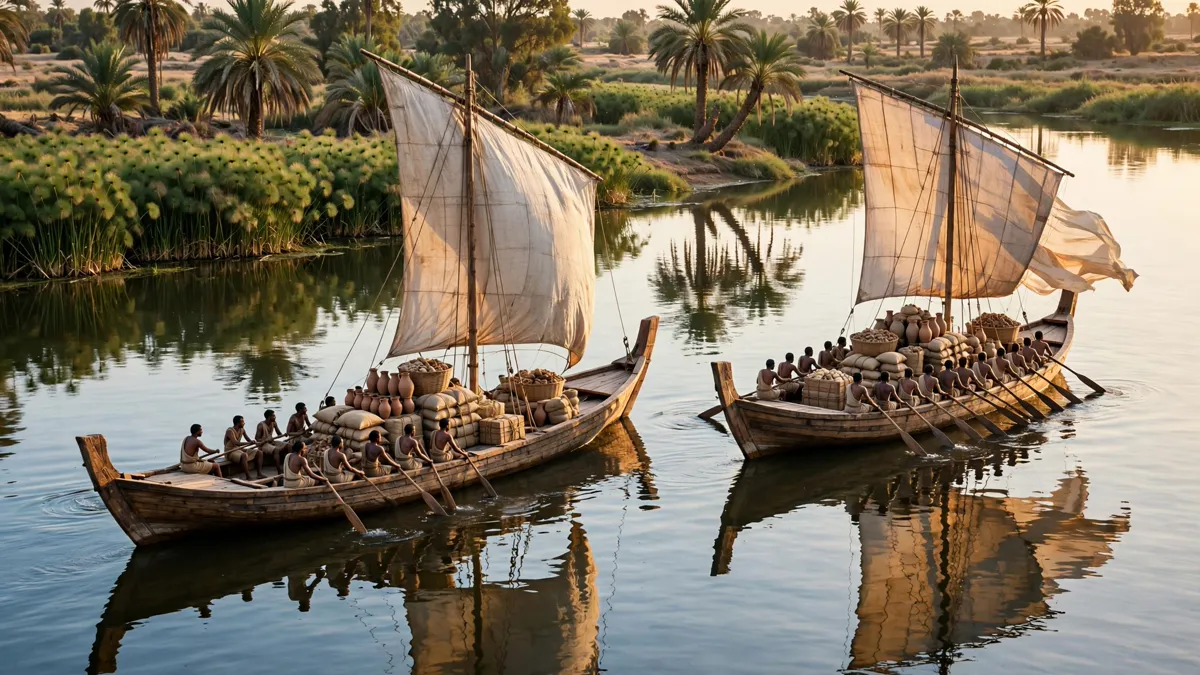 Ancient Egyptian boats with square sails raised, travelling south against the current