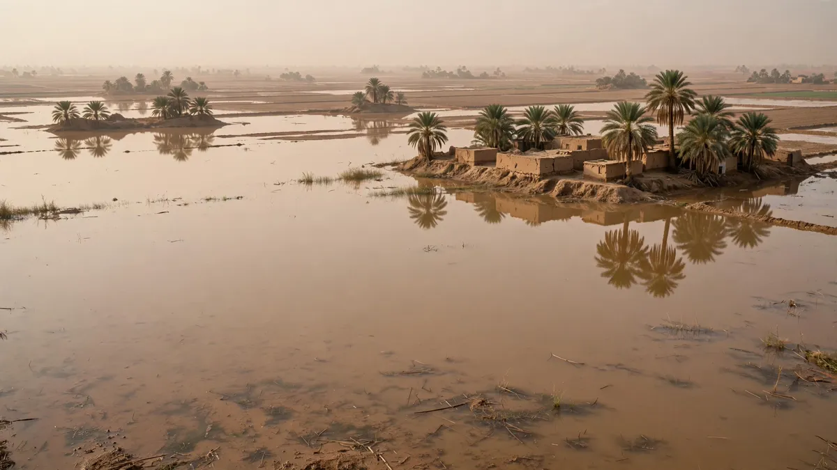 Floodwater covering Egyptian farmland with palm trees standing in the water