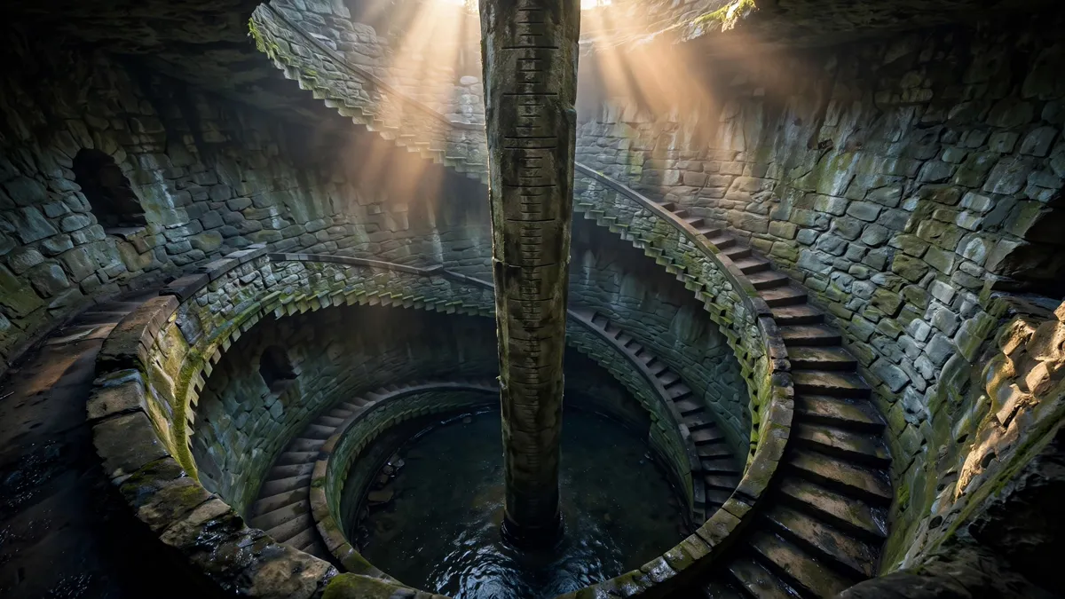 Stone staircase descending into a nilometer shaft with graduated wall markings