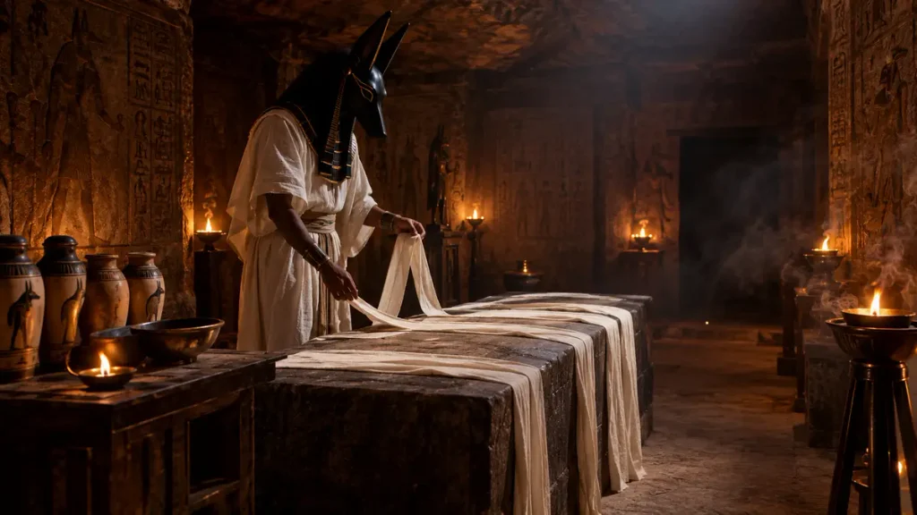 Priest in a canine-headed mask working at a stone embalming bench
