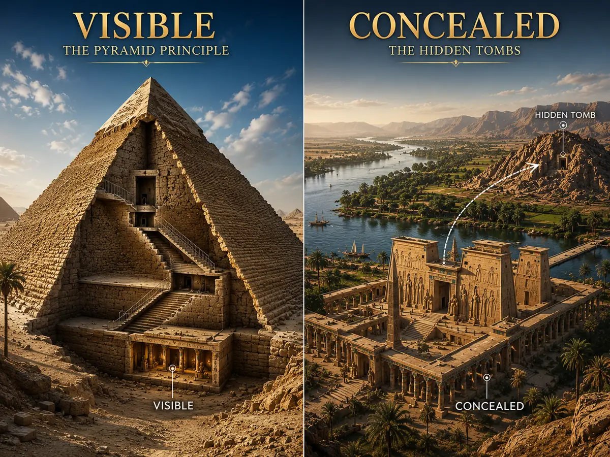 Diagram comparing a pyramid burial with a hidden rock-cut tomb