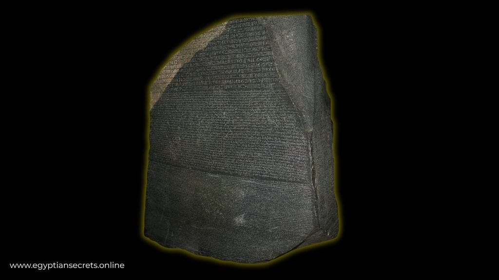 The Rosetta Stone showing hieroglyphic, demotic and Greek text