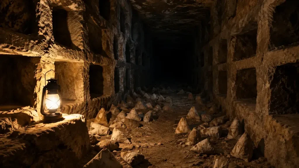 Narrow underground gallery stacked with linen-wrapped animal mummies at Saqqara