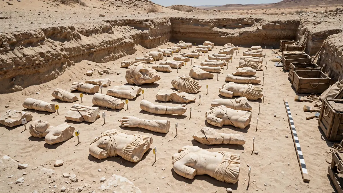 Broken stone statue fragments laid out at an Egyptian excavation site