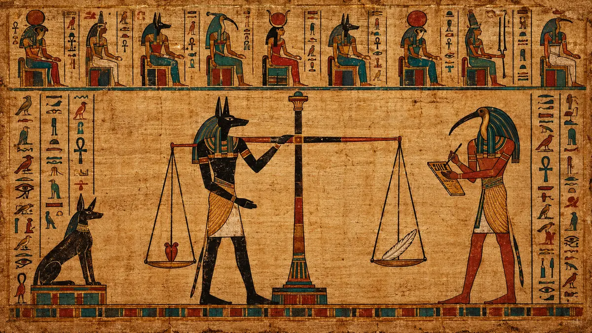 Book of the Dead vignette showing the heart weighed against the feather of Maat