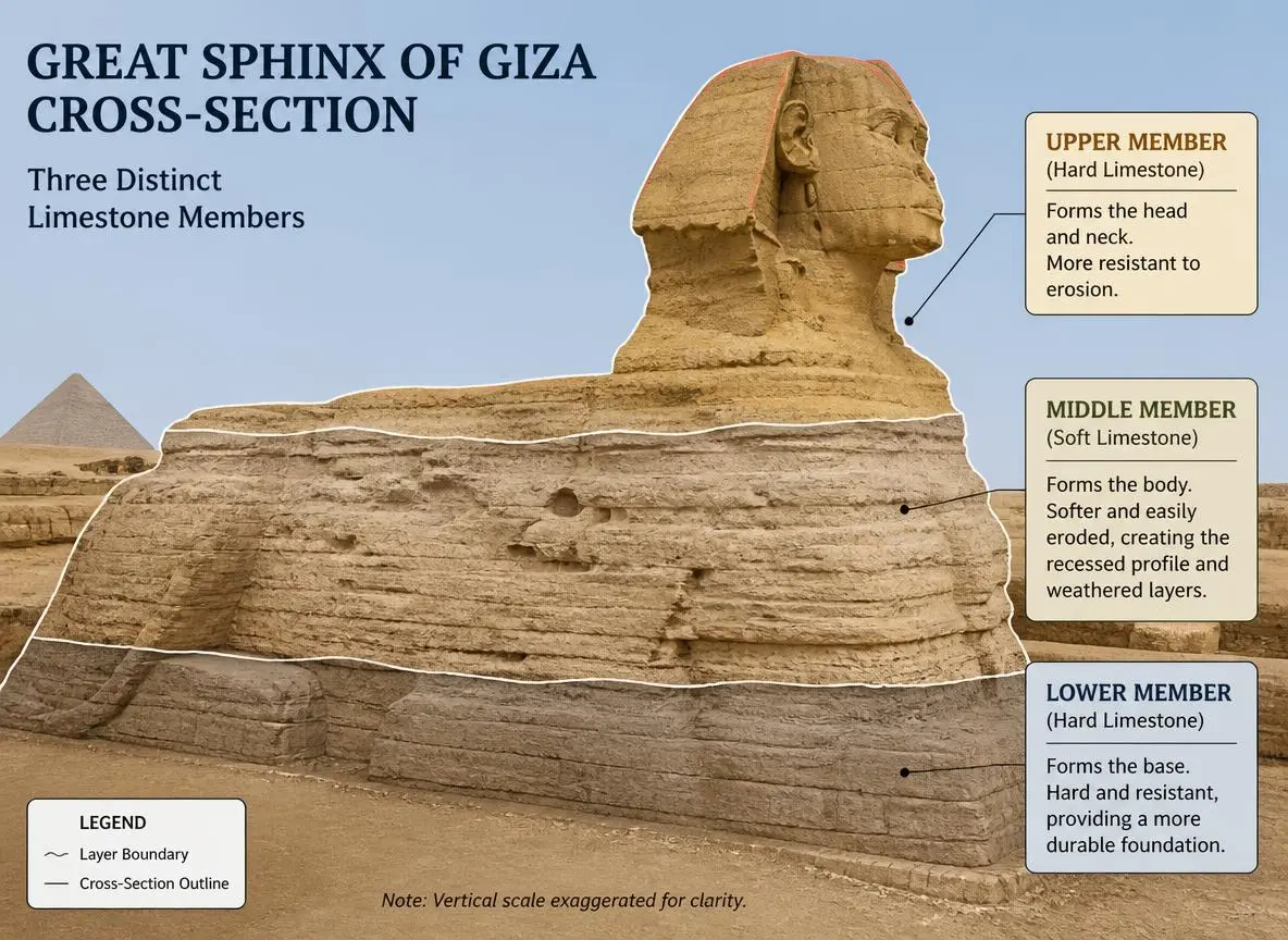 Cross-section diagram showing the three limestone layers of the Great Sphinx