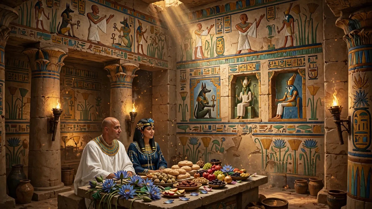 Artistic reconstruction of painted chapel walls found in the Luxor tomb discovery, showing Paser and his wife at an offering table