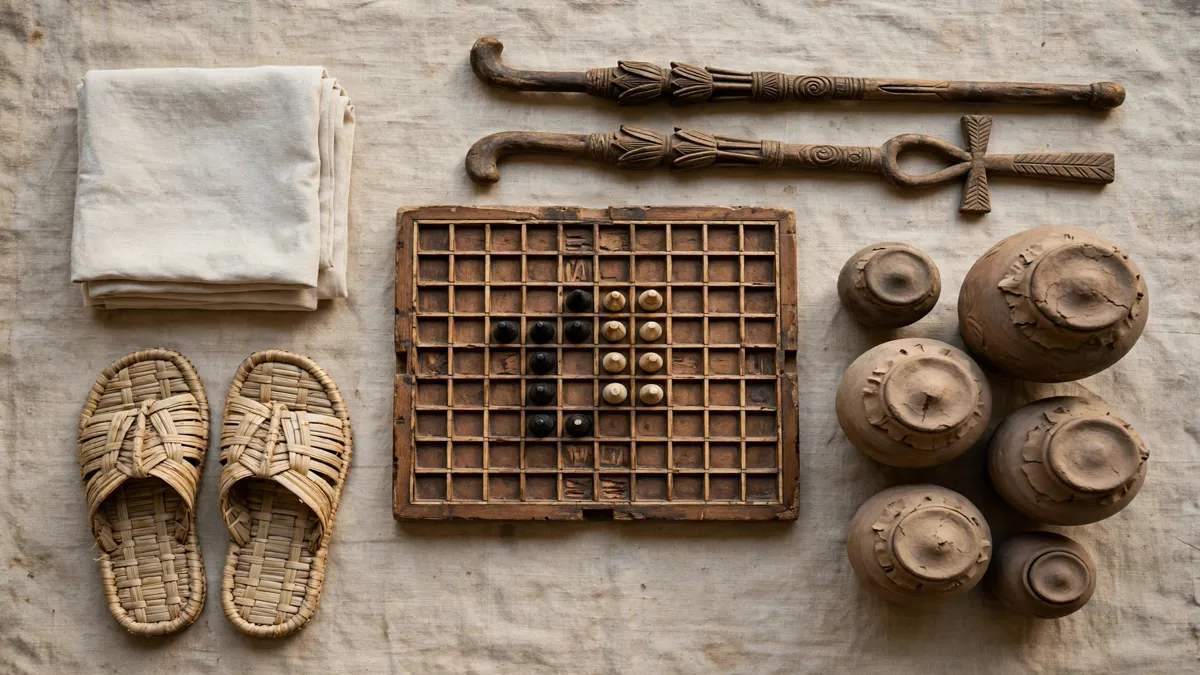 Sandals, folded linen, a board game and sealed jars from an Egyptian burial