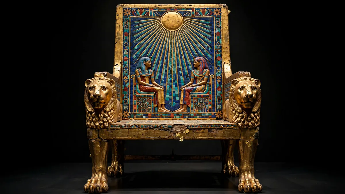 Gilded wooden throne with an inlaid panel showing a queen anointing a seated king
