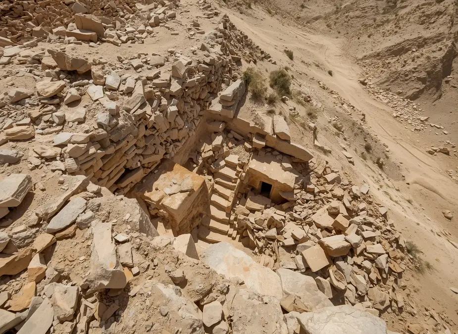 Rubble and workmen's huts covering the buried entrance to KV62