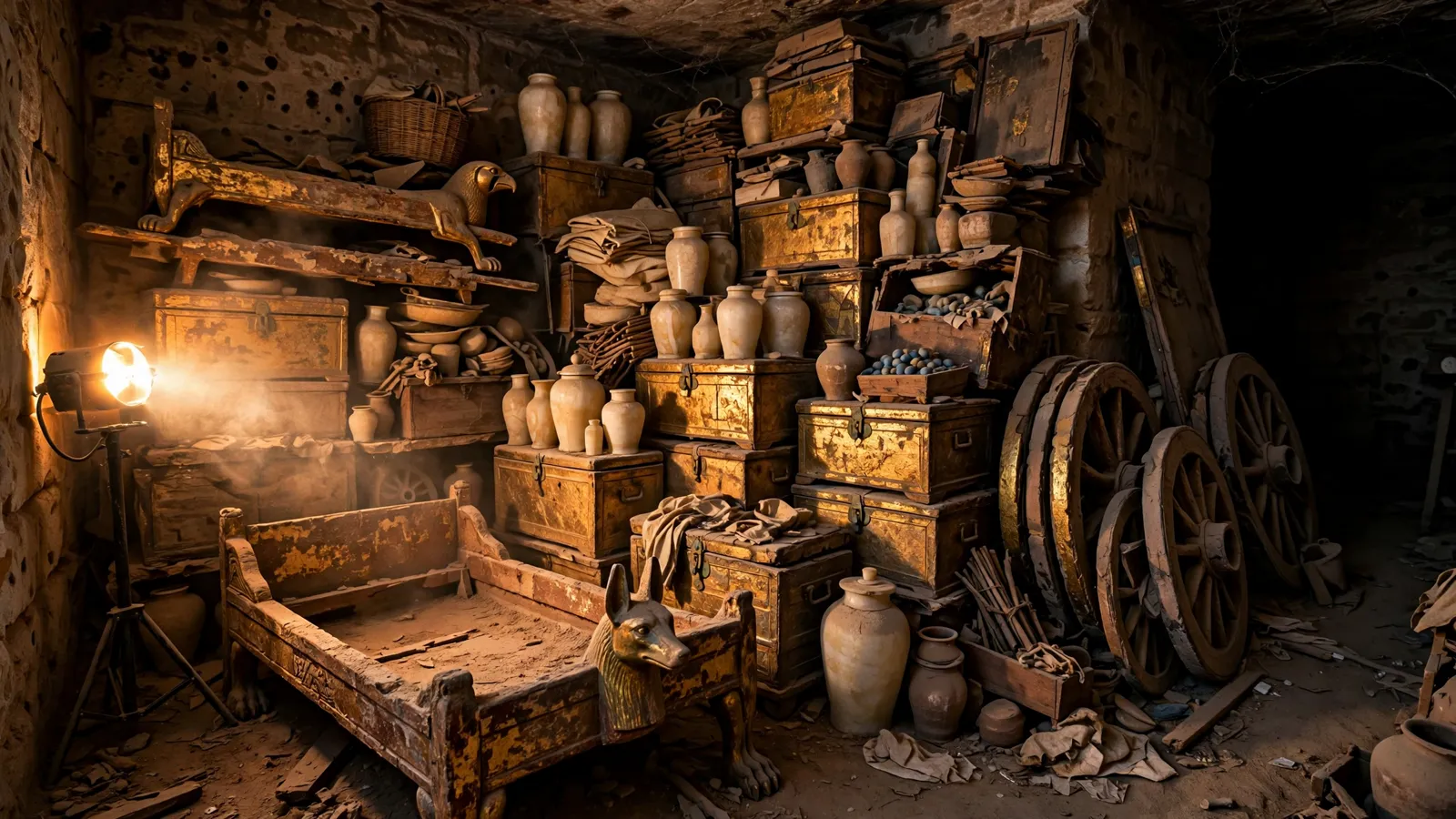 Gilded funerary objects stacked inside the antechamber of Tutankhamun's tomb