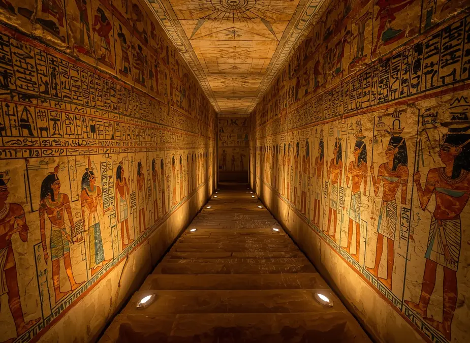 Descending tomb corridor with painted funerary texts on both walls