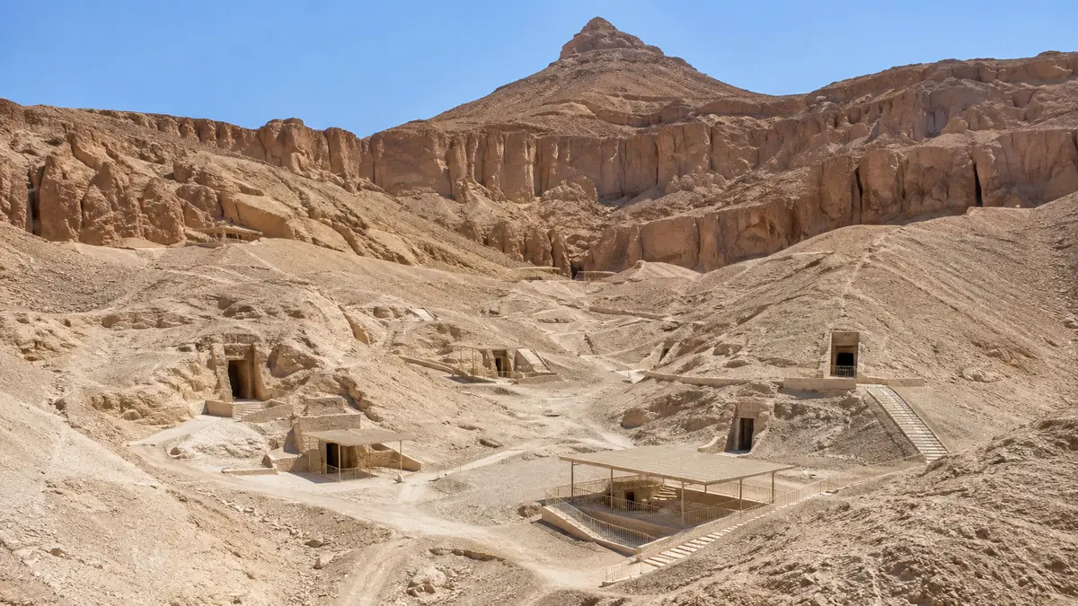 Tomb entrances cut into the desert cliffs of the Valley of the Kings