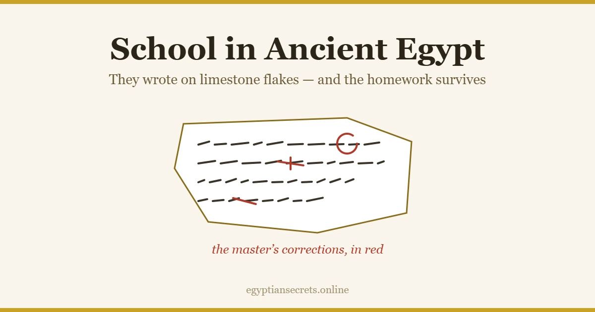 A limestone ostracon with a student’s copied lines and the teacher’s corrections in red
