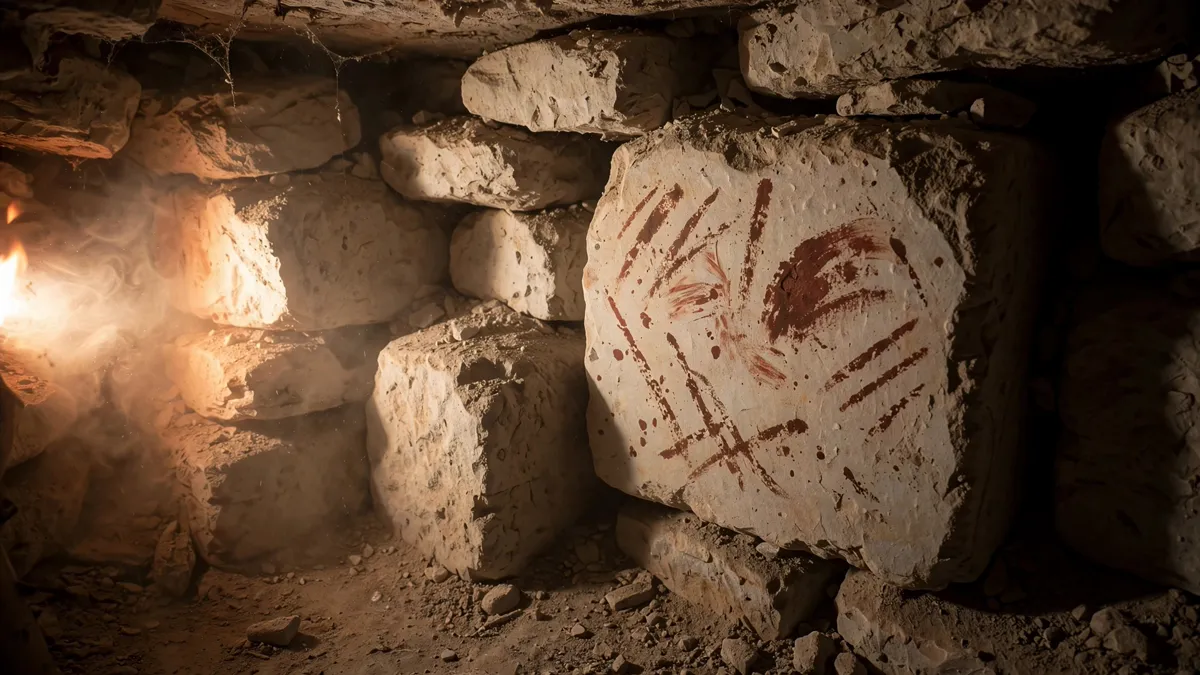 Red ochre workmen's marks on rough stone in a relieving chamber