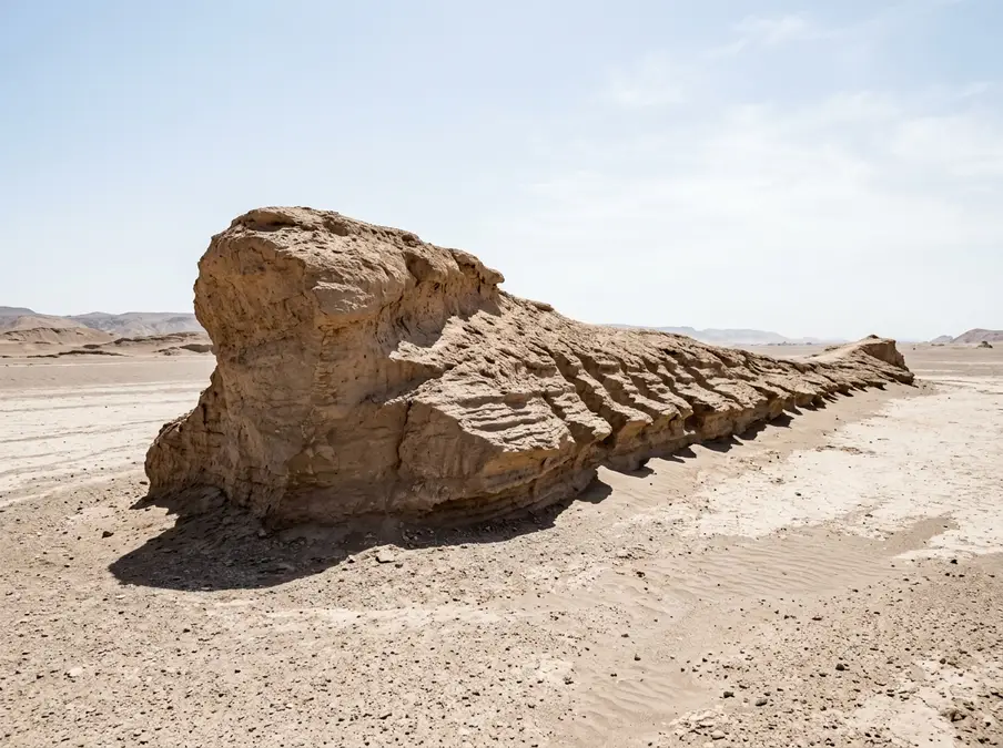 A wind-eroded yardang ridge in the desert resembling a crouching animal