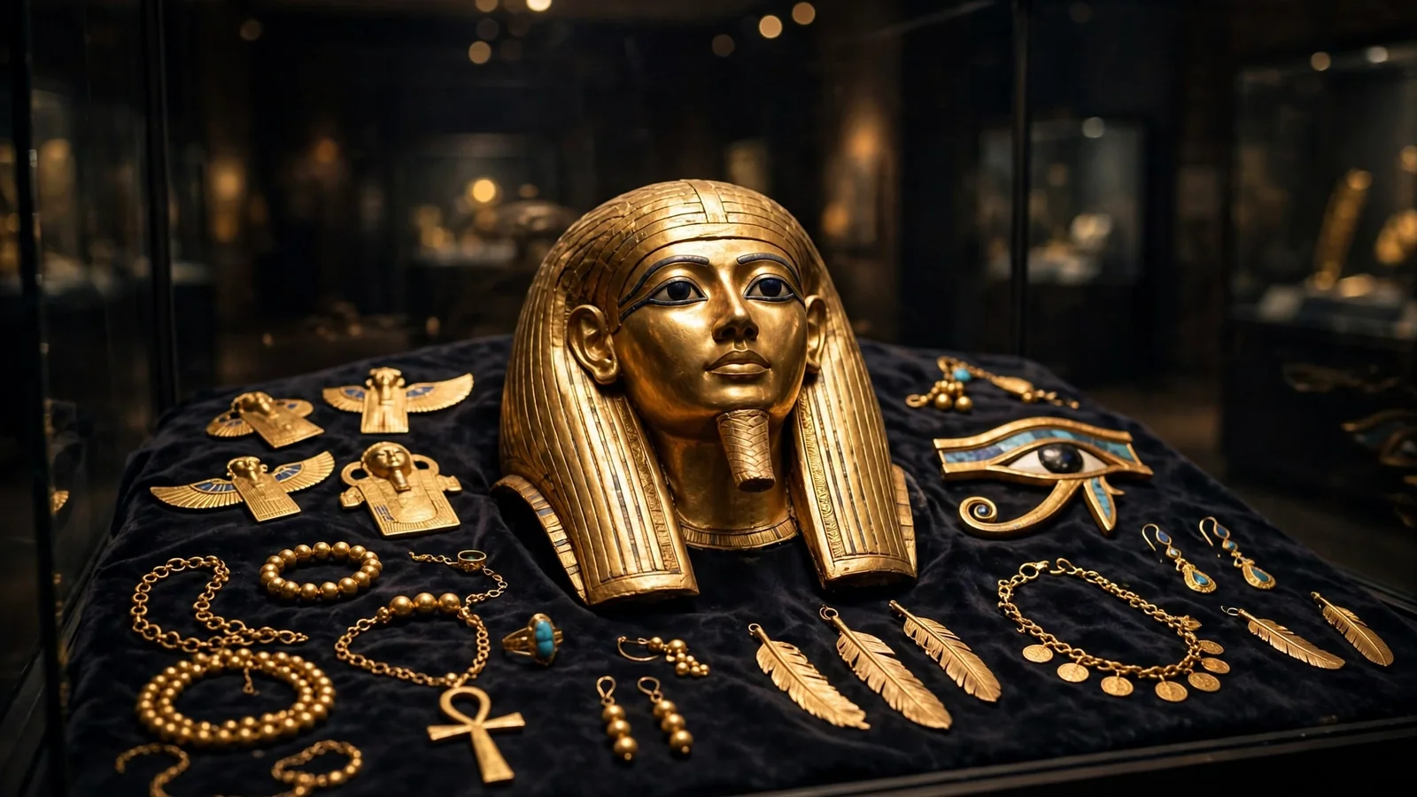 Golden funerary artifacts in a museum display — the golden tongued mummies of ancient Egypt were buried with gold foil tongues so they could speak in the afterlife