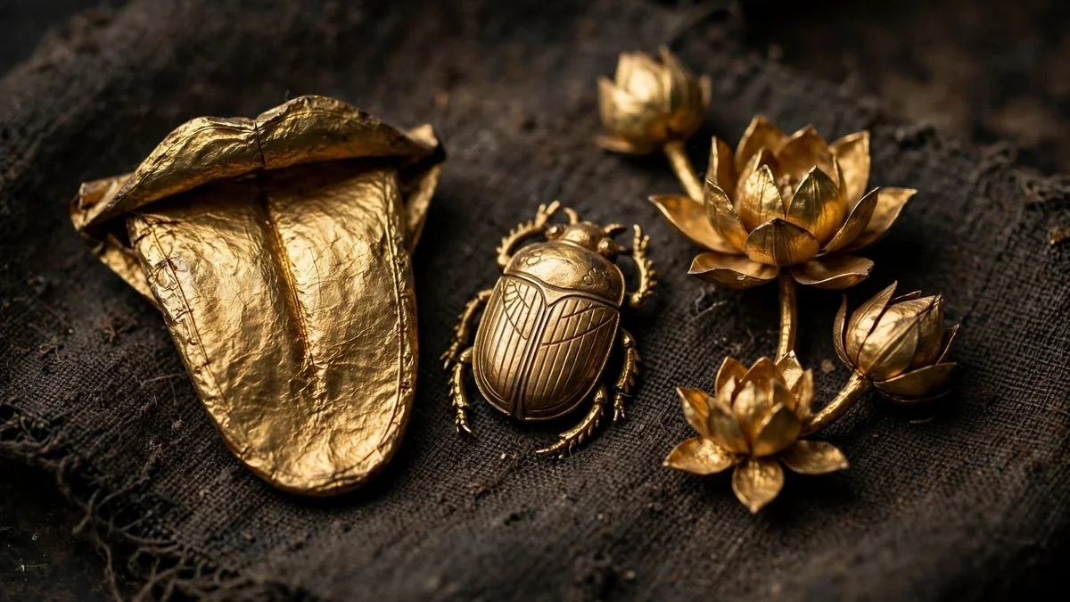 Gold foil funerary amulets from ancient Egypt: a tongue-shaped amulet, a scarab, and lotus flowers, like those found with golden tongued mummies