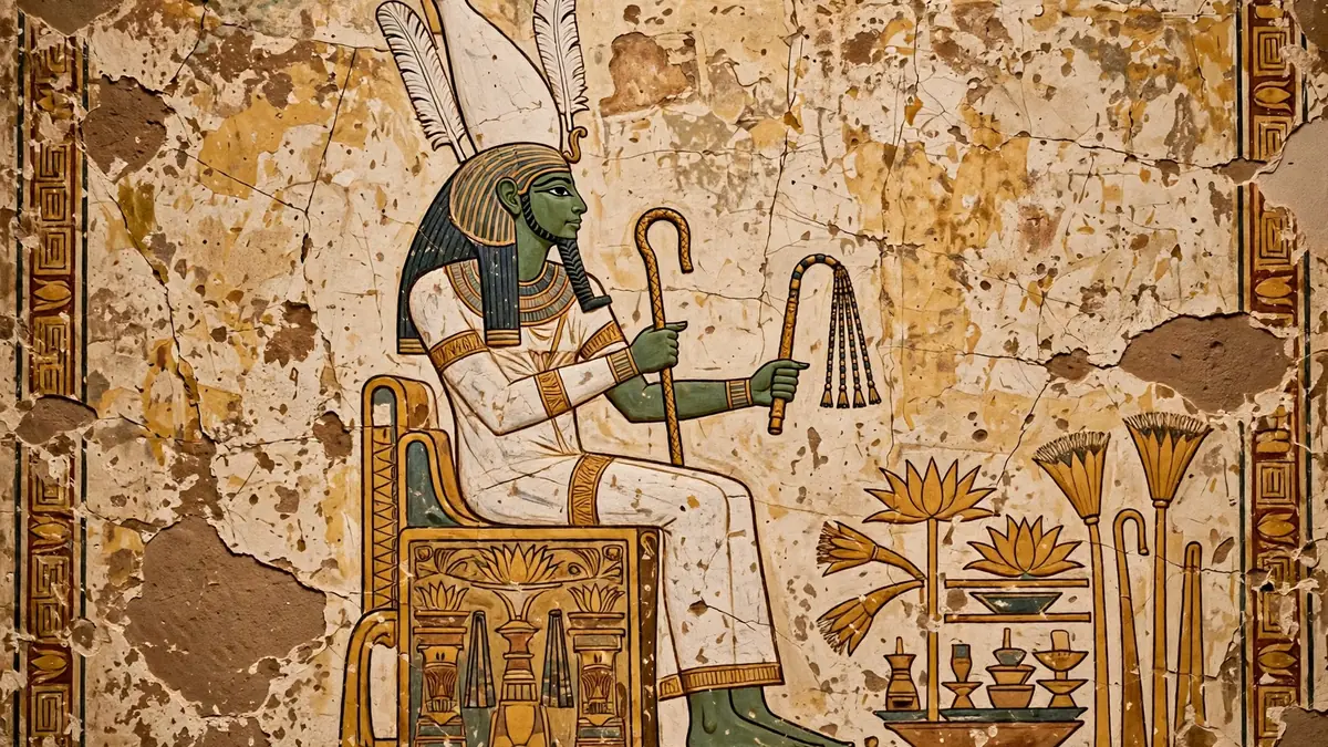 Tomb wall painting of Osiris, green-skinned judge of the underworld, before whom golden tongued mummies were meant to speak