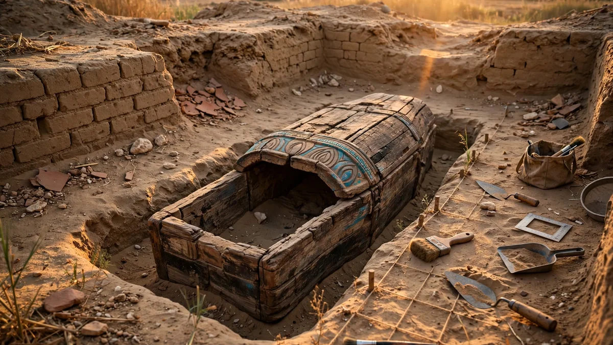 Wooden coffin uncovered in an excavation trench near Quesna, Egypt, where archaeologists found golden tongued mummies with gold foil tongues in 2022