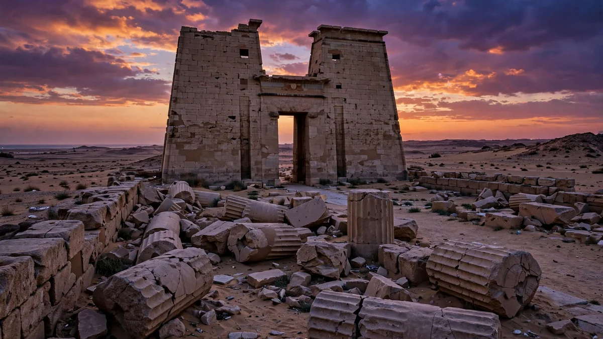 Ruins of the temple of Taposiris Magna near Alexandria at dusk, where the first modern golden tongued mummy was discovered in 2021