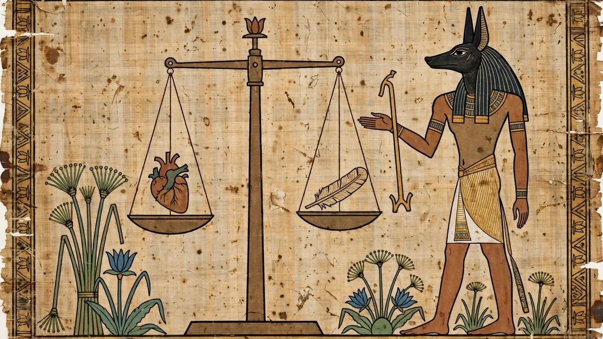 Papyrus-style illustration of the weighing of the heart ceremony, with the jackal-headed god attending the scales