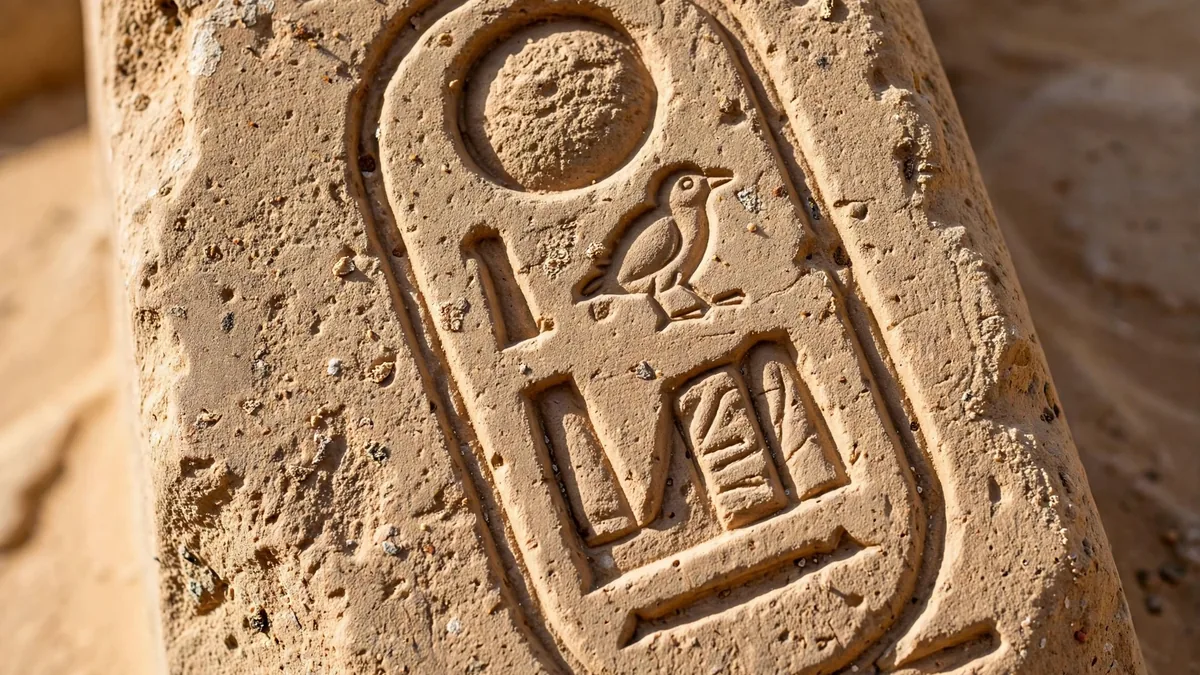 Close-up of the hieroglyphic cartouche of Ramesses II carved in stone