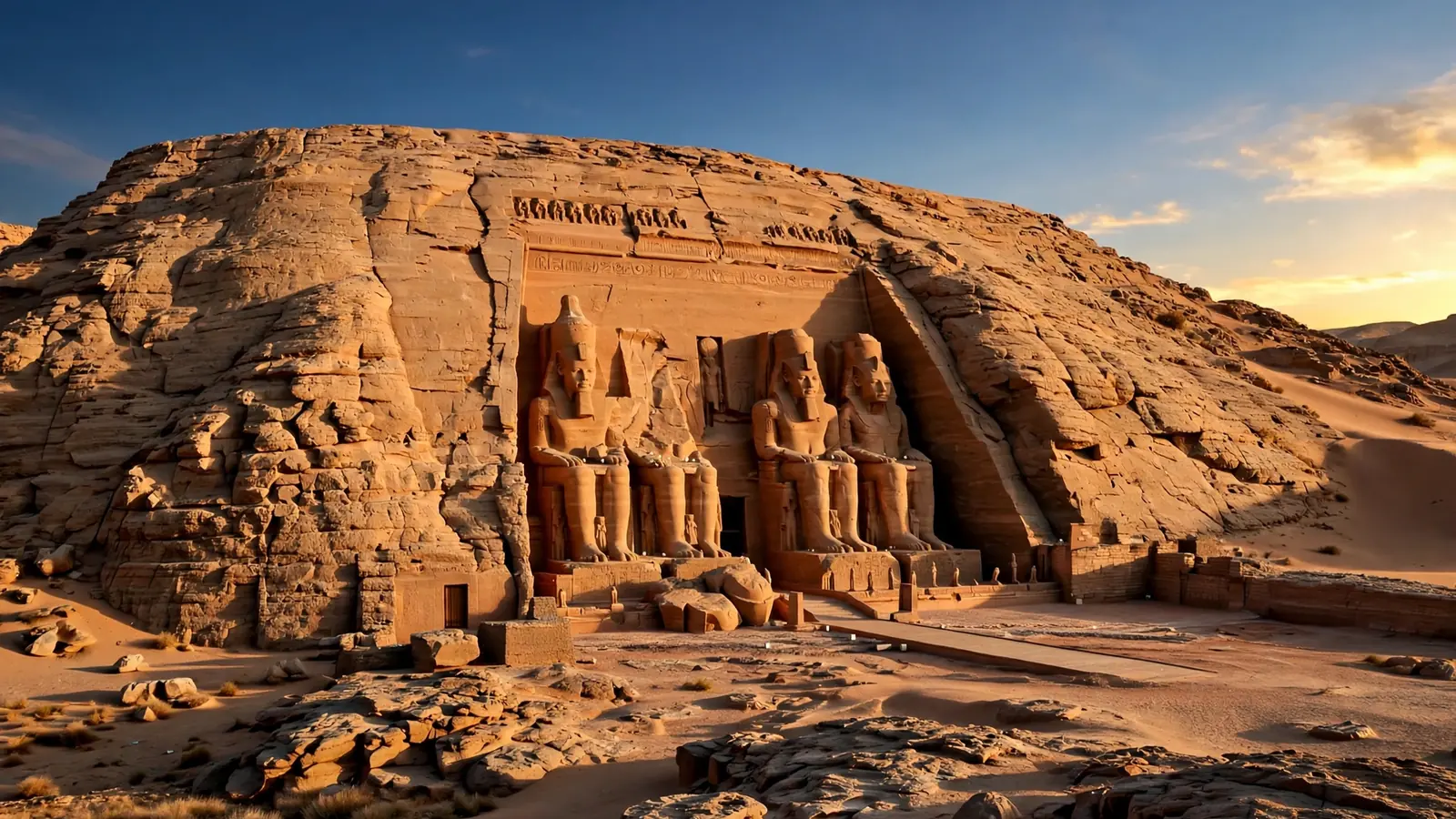 Colossal statues of Ramesses II at the Abu Simbel temple in Egypt at sunset