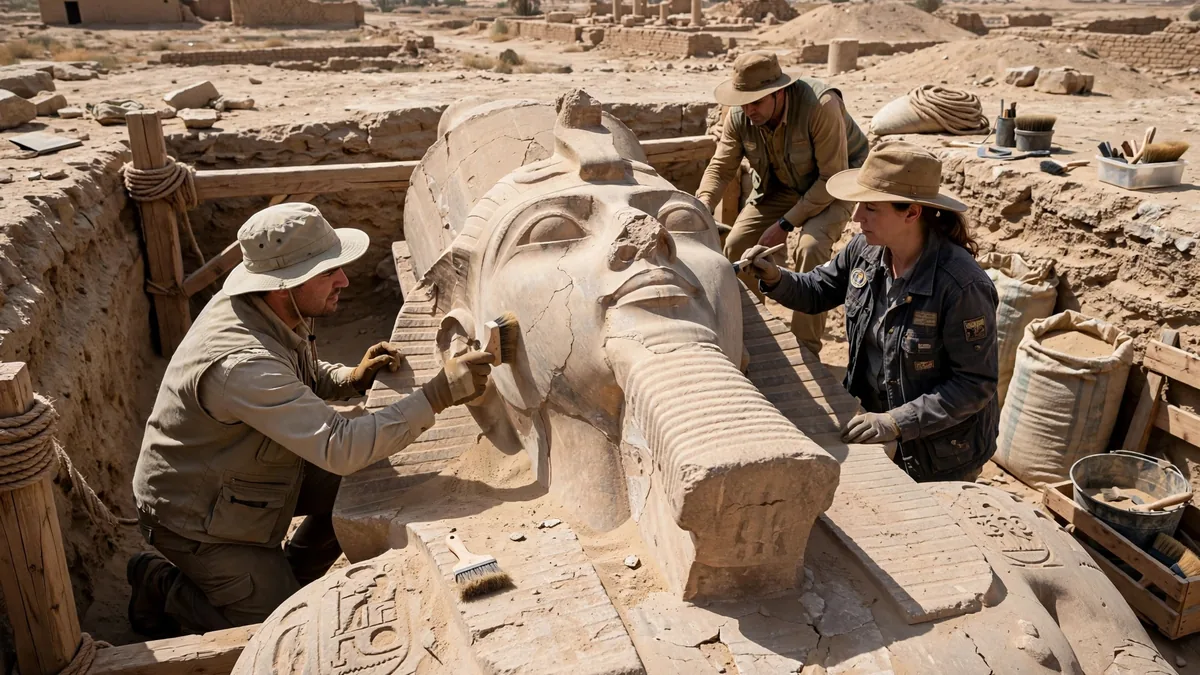 Archaeologists excavating the newly discovered upper half of a Ramesses II statue at El Ashmunein Egypt